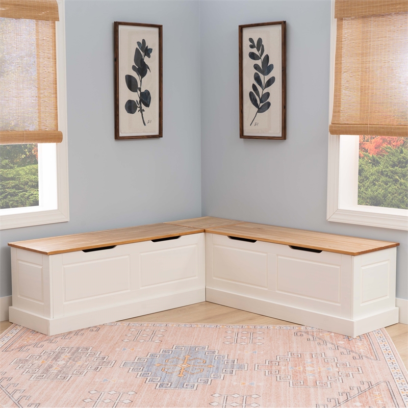 Linon Troyin Two Tone Backless Wooden Storage Nook in Natural and White
