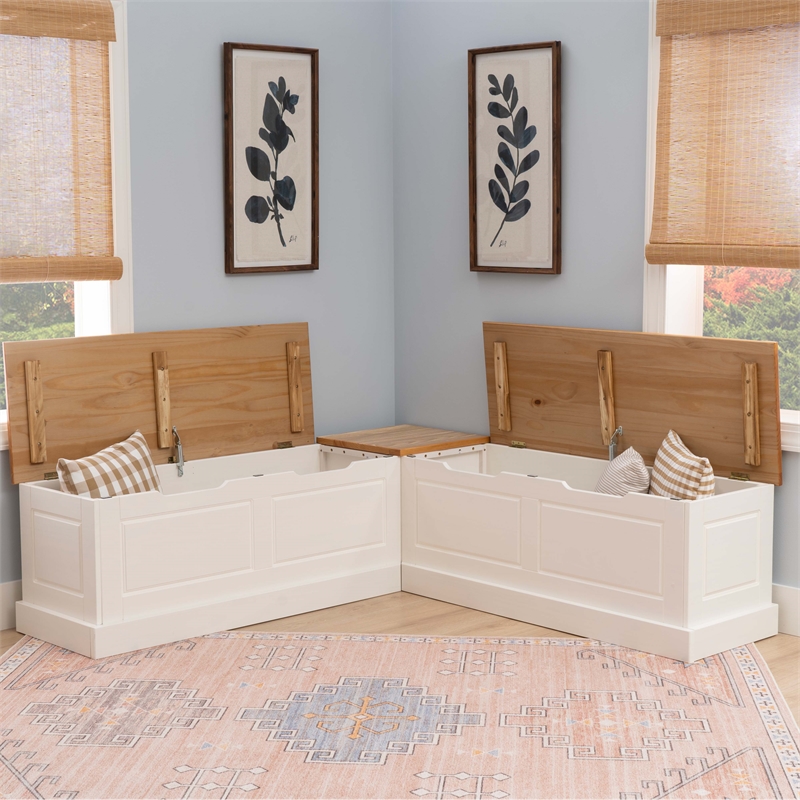 Linon Troyin Two Tone Backless Wooden Storage Nook in Natural and White