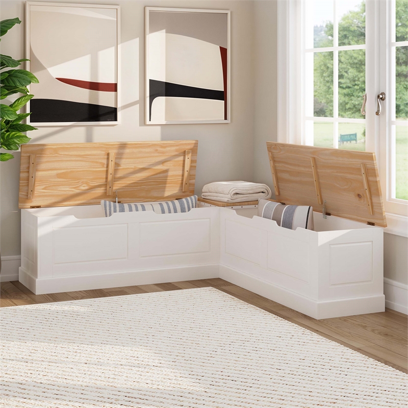 Linon Troyin Two Tone Backless Wooden Storage Nook in Natural and White