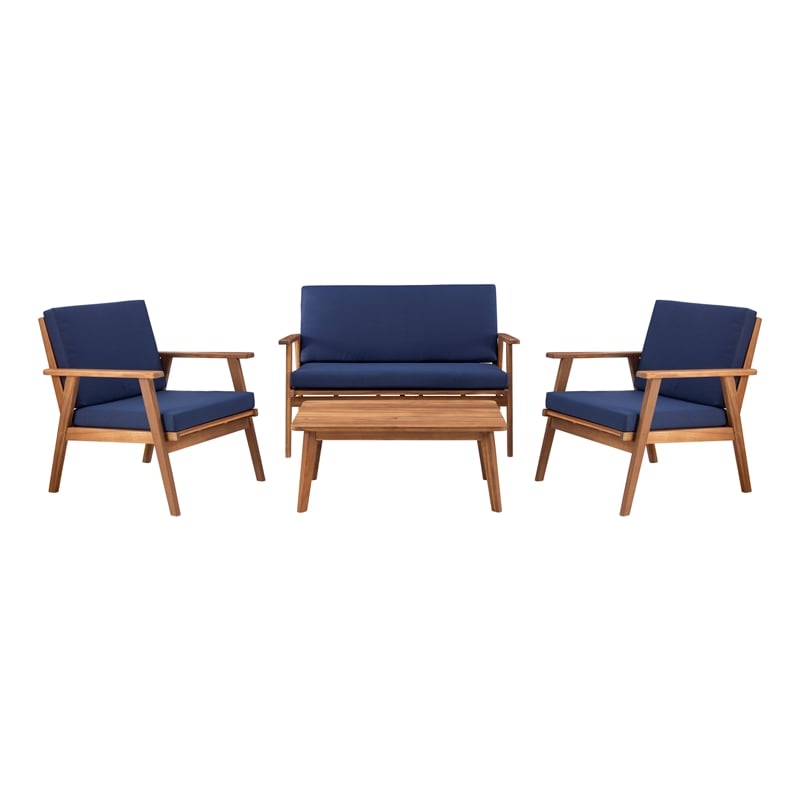 Linon Cooper Outdoor 4 Piece Wood Chat Set with Blue Cushions in Walnut Finish