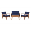 Linon Cooper Outdoor 4 Piece Wood Chat Set with Blue Cushions in Walnut Finish