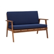 Linon Cooper Outdoor 4 Piece Wood Chat Set with Blue Cushions in Walnut Finish