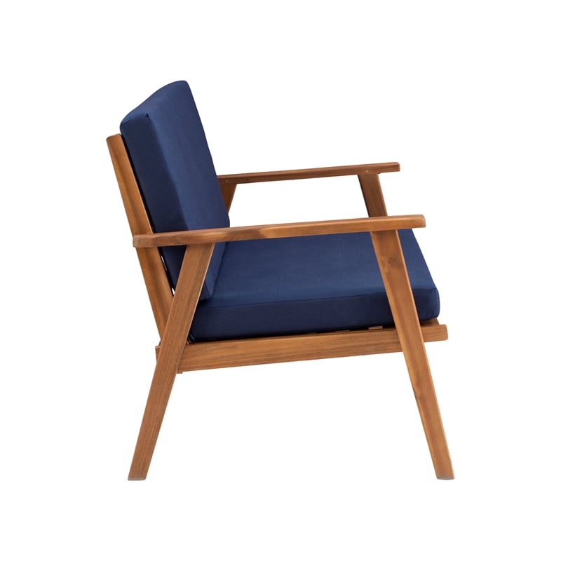 Linon Cooper Outdoor 4 Piece Wood Chat Set with Blue Cushions in Walnut Finish