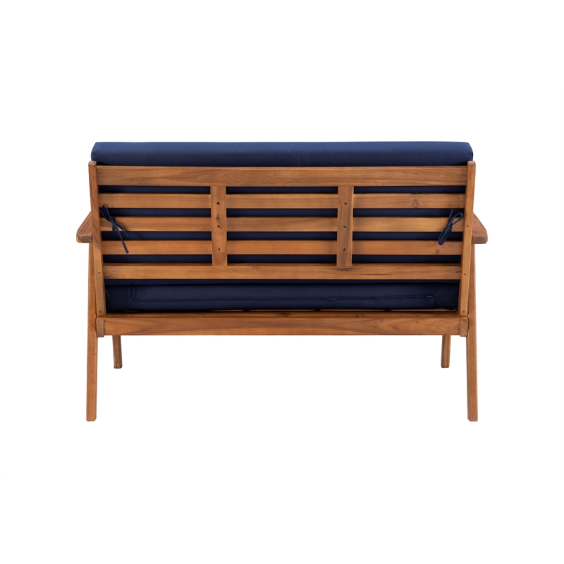 Linon Cooper Outdoor 4 Piece Wood Chat Set with Blue Cushions in Walnut Finish