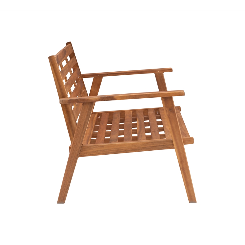 Linon Cooper Outdoor 4 Piece Wood Chat Set with Blue Cushions in Walnut Finish