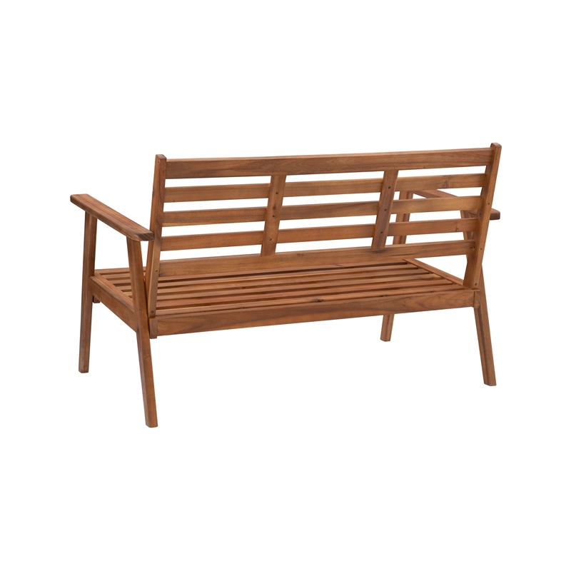 Linon Cooper Outdoor 4 Piece Wood Chat Set with Blue Cushions in Walnut Finish