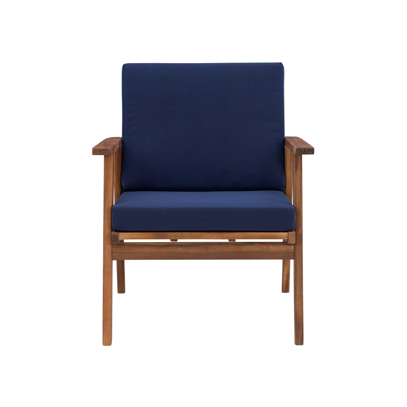 Linon Cooper Outdoor 4 Piece Wood Chat Set with Blue Cushions in Walnut Finish