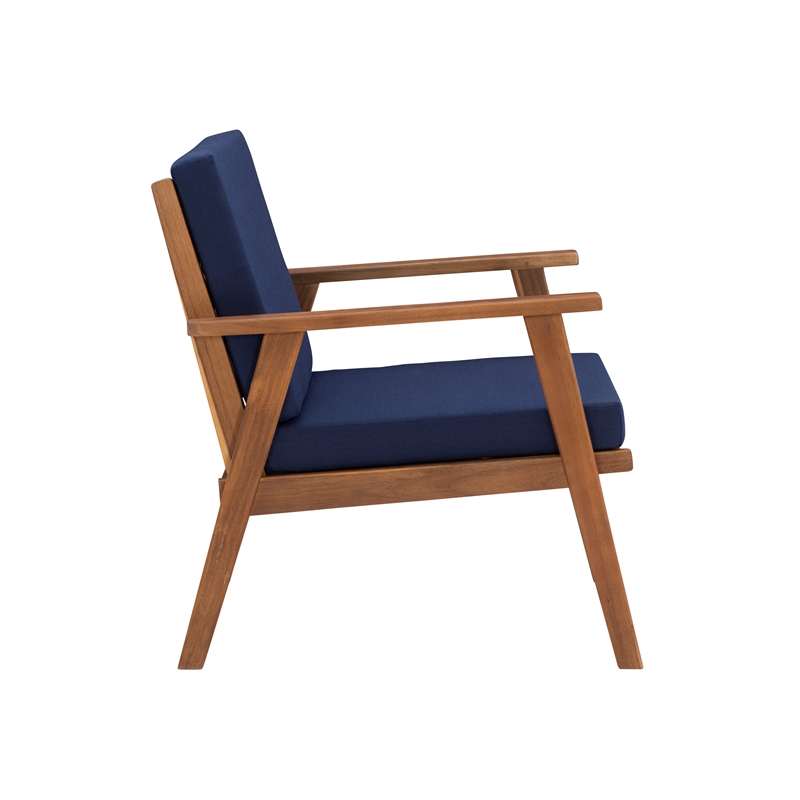 Linon Cooper Outdoor 4 Piece Wood Chat Set with Blue Cushions in Walnut Finish