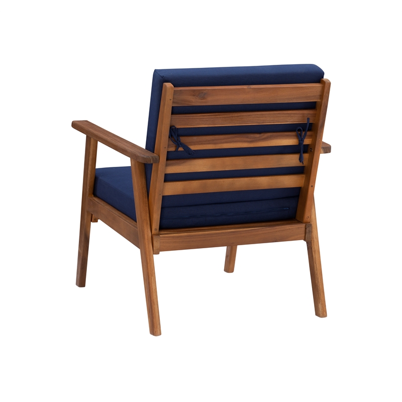 Linon Cooper Outdoor 4 Piece Wood Chat Set with Blue Cushions in Walnut Finish