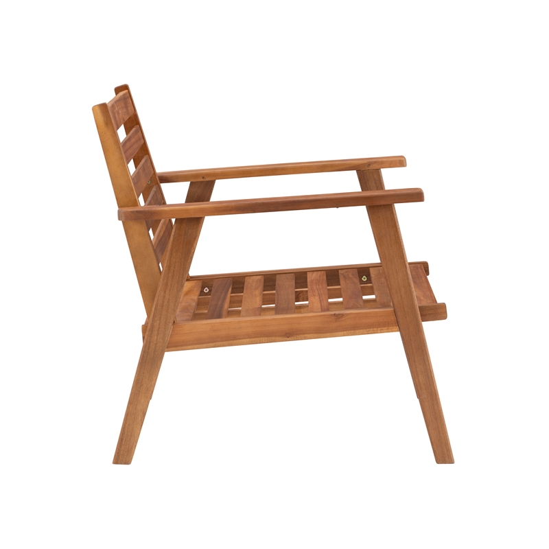 Linon Cooper Outdoor 4 Piece Wood Chat Set with Blue Cushions in Walnut Finish