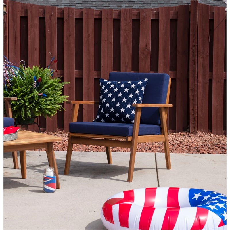 Linon Cooper Outdoor 4 Piece Wood Chat Set with Blue Cushions in Walnut Finish