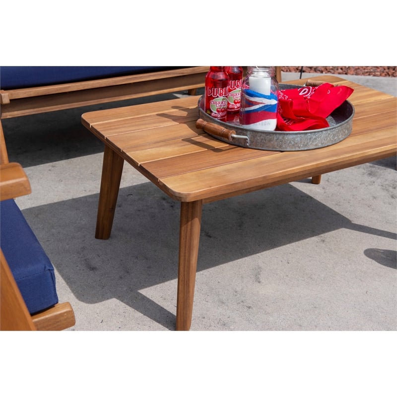Linon Cooper Outdoor 4 Piece Wood Chat Set with Blue Cushions in Walnut Finish