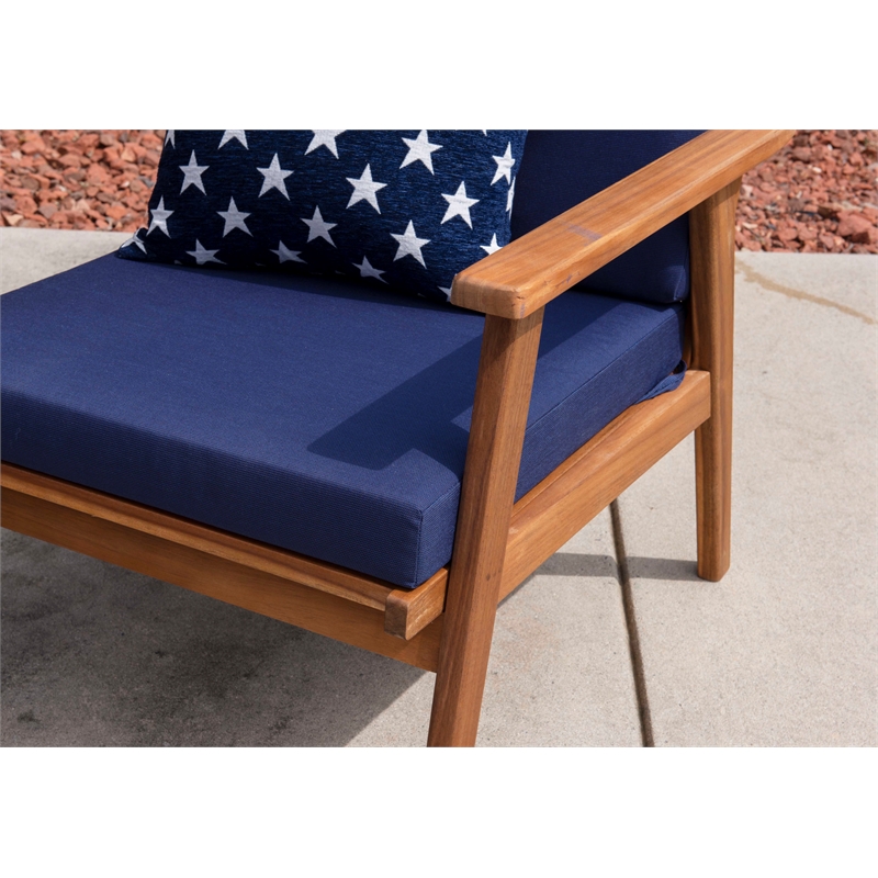 Linon Cooper Outdoor 4 Piece Wood Chat Set with Blue Cushions in Walnut Finish