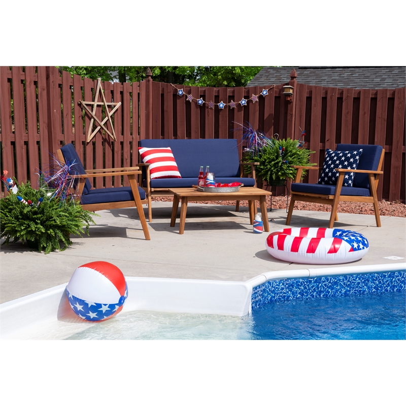 Linon Cooper Outdoor 4 Piece Wood Chat Set with Blue Cushions in Walnut Finish
