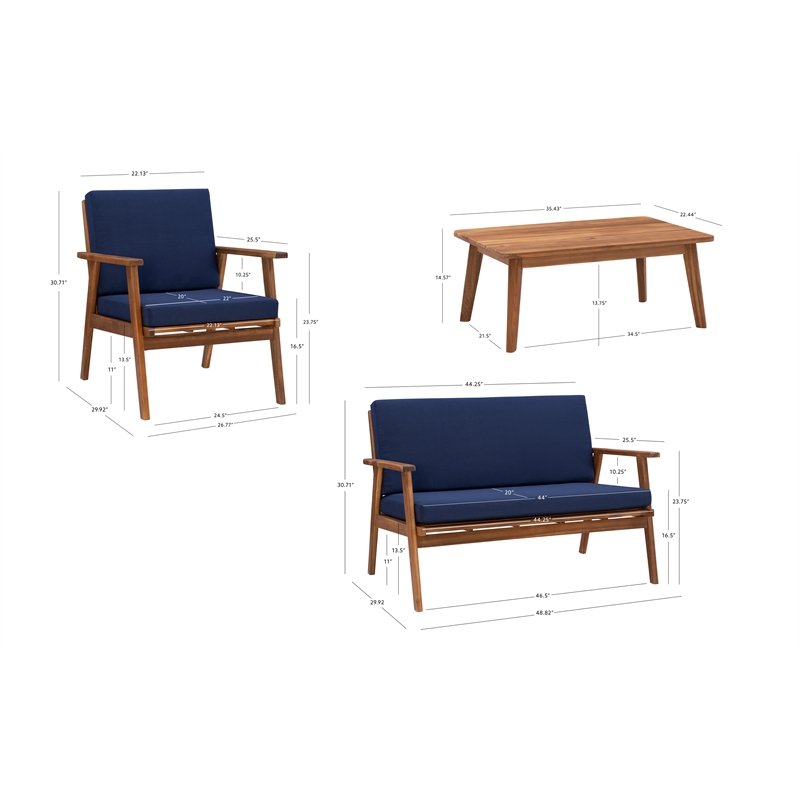 Linon Cooper Outdoor 4 Piece Wood Chat Set with Blue Cushions in Walnut Finish