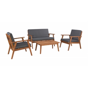 Linon Cooper Outdoor 4 Piece Wood Chat Set with Gray Cushions in Walnut Finish