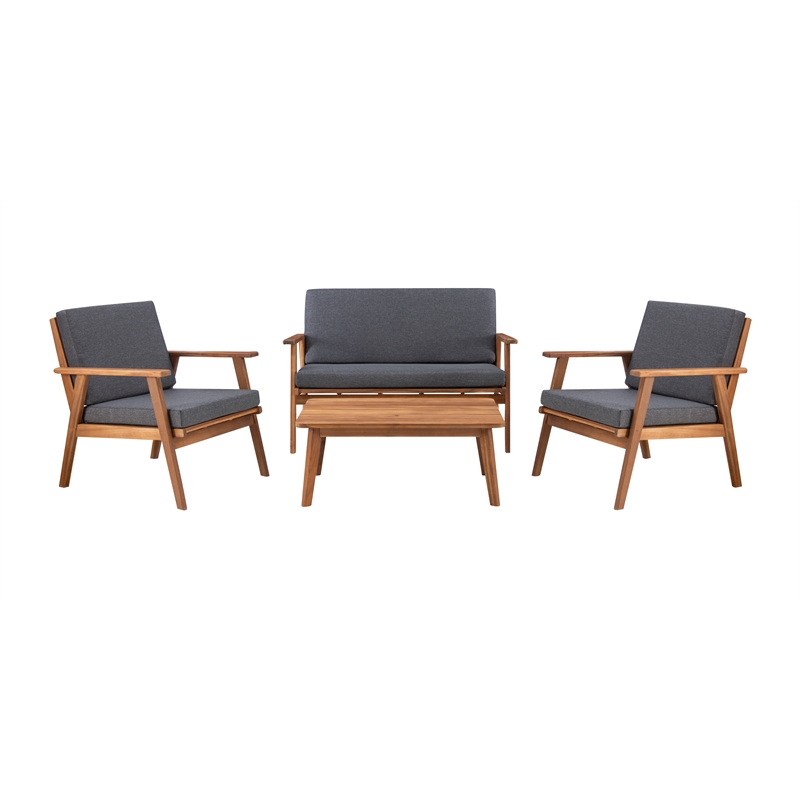 Linon Cooper Outdoor 4 Piece Wood Chat Set with Gray Cushions in Walnut Finish