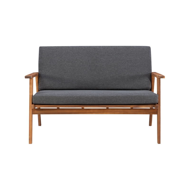 Linon Cooper Outdoor 4 Piece Wood Chat Set with Gray Cushions in Walnut Finish