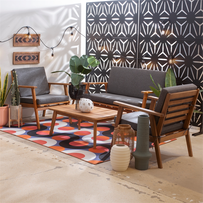 Linon Cooper Outdoor 4 Piece Wood Chat Set with Gray Cushions in Walnut Finish