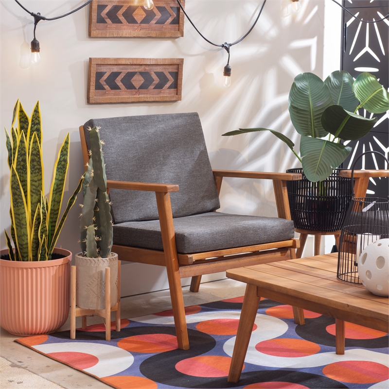 Linon Cooper Outdoor 4 Piece Wood Chat Set with Gray Cushions in Walnut Finish