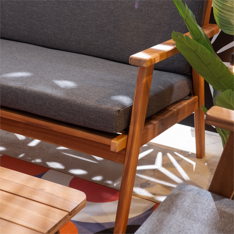 Linon Cooper Outdoor 4 Piece Wood Chat Set with Gray Cushions in Walnut Finish