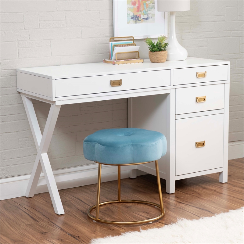 Linon Siena Gold Steel Base Upholstered Flower Shape Vanity Stool in Blue Velvet