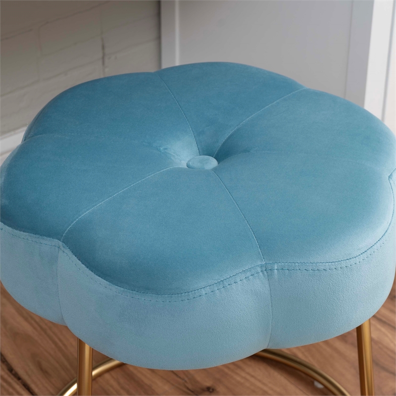 Linon Siena Gold Steel Base Upholstered Flower Shape Vanity Stool in Blue Velvet