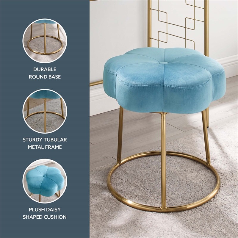 Linon Siena Gold Steel Base Upholstered Flower Shape Vanity Stool in Blue Velvet