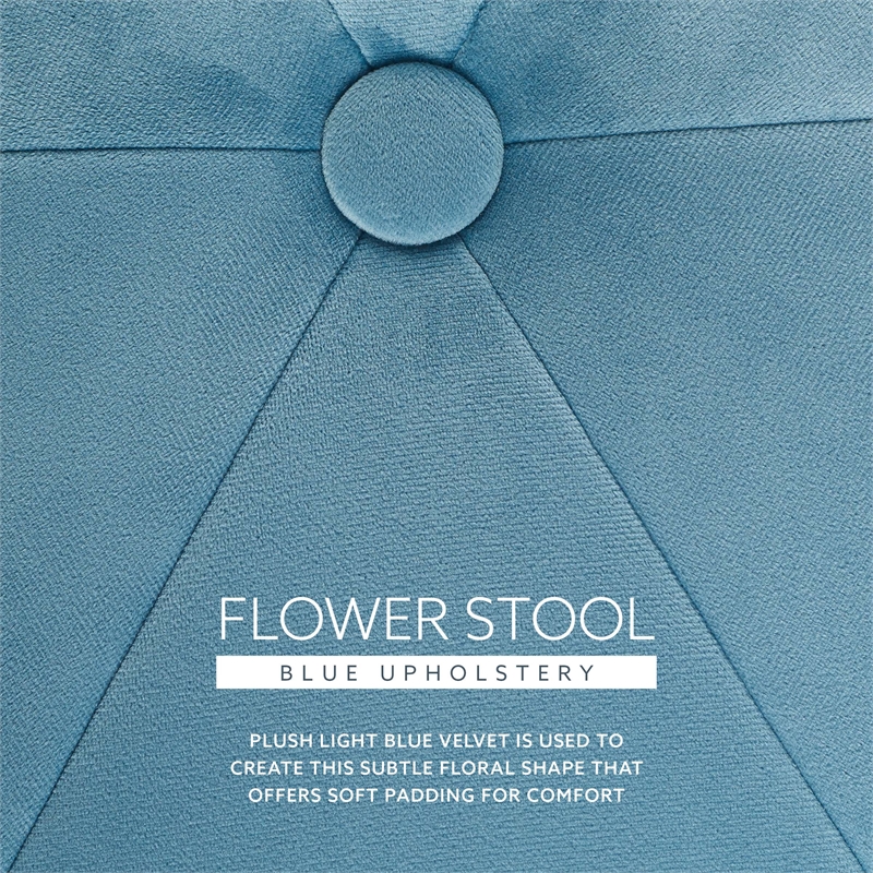 Linon Siena Gold Steel Base Upholstered Flower Shape Vanity Stool in Blue Velvet