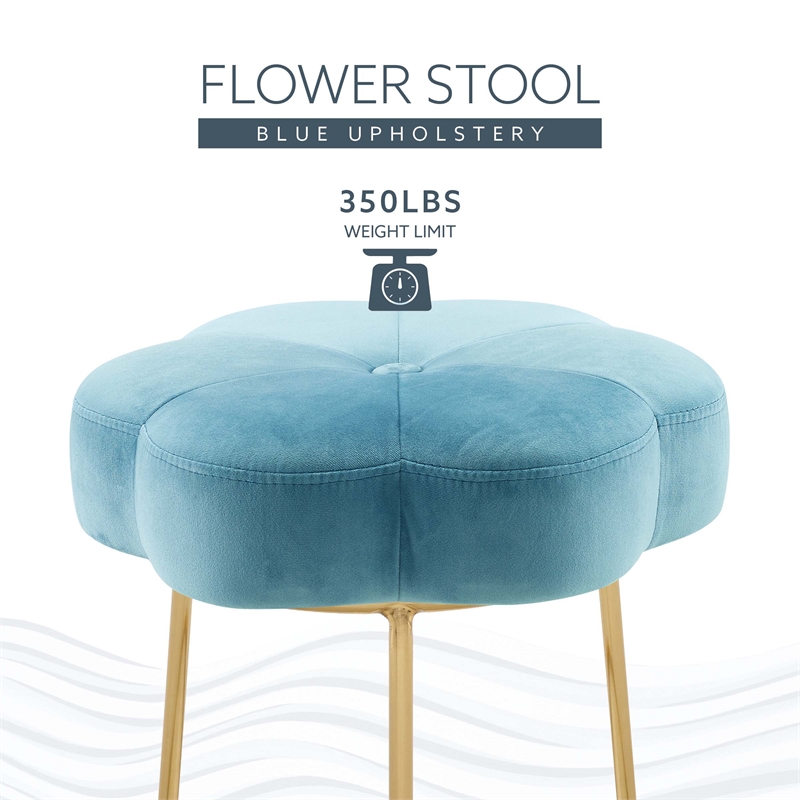 Linon Siena Gold Steel Base Upholstered Flower Shape Vanity Stool in Blue Velvet