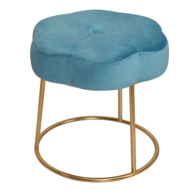Linon Siena Gold Steel Base Upholstered Flower Shape Vanity Stool in Blue Velvet