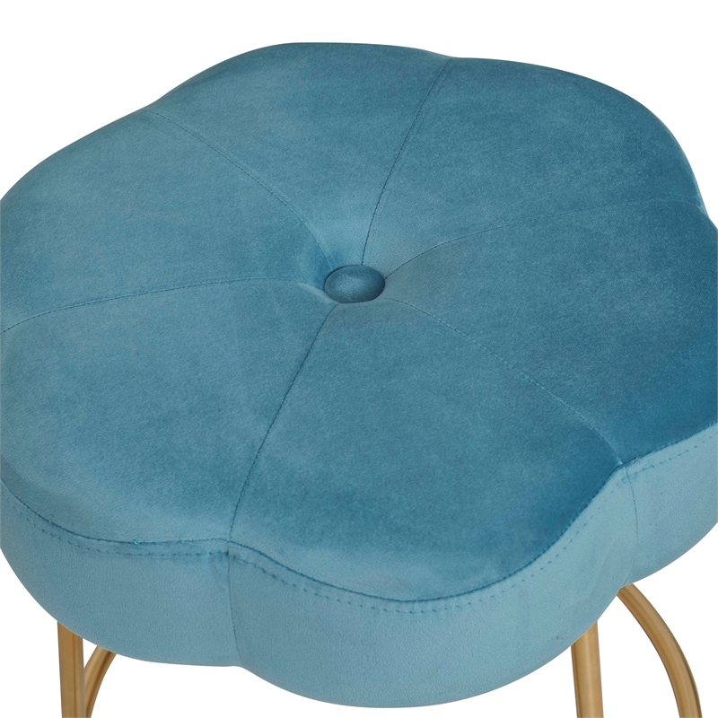 Linon Siena Gold Steel Base Upholstered Flower Shape Vanity Stool in Blue Velvet