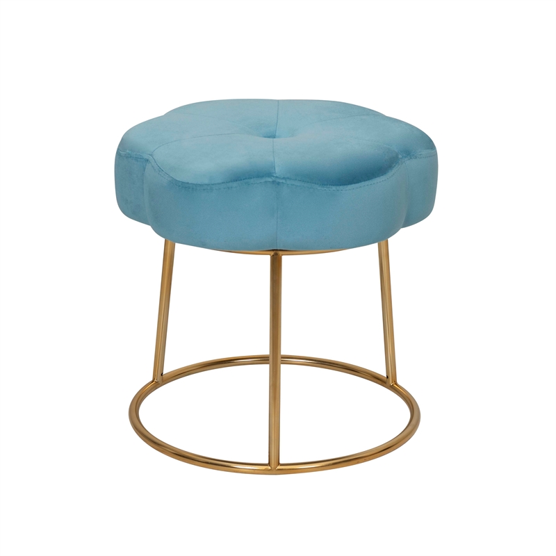 Linon Siena Gold Steel Base Upholstered Flower Shape Vanity Stool in Blue Velvet