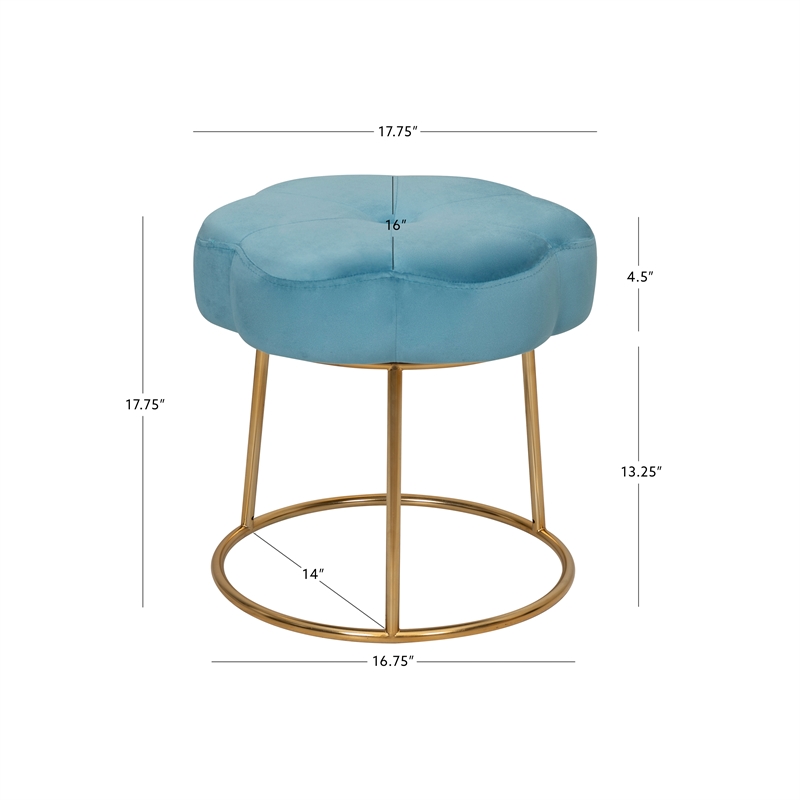Linon Siena Gold Steel Base Upholstered Flower Shape Vanity Stool in Blue Velvet