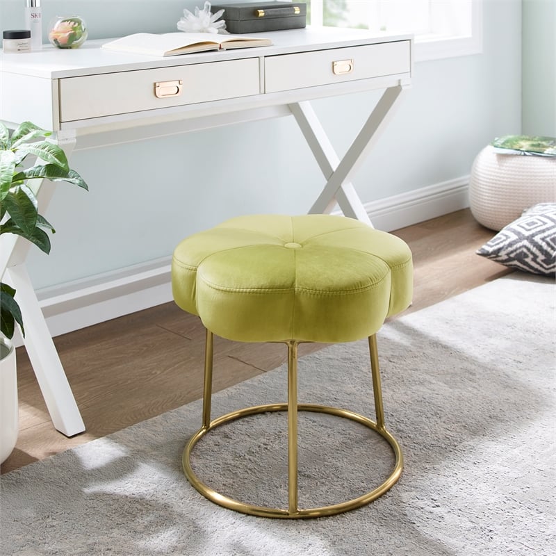 Linon Siena Gold Base Upholstered Flower Shape Vanity Stool in Green Velvet