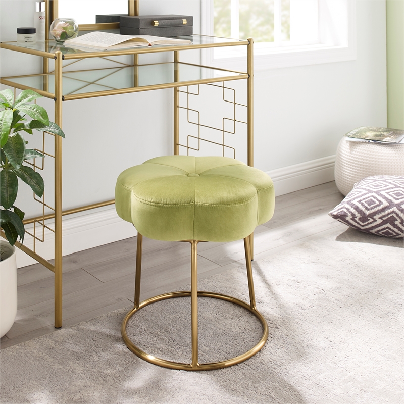 Linon Siena Gold Base Upholstered Flower Shape Vanity Stool in Green Velvet