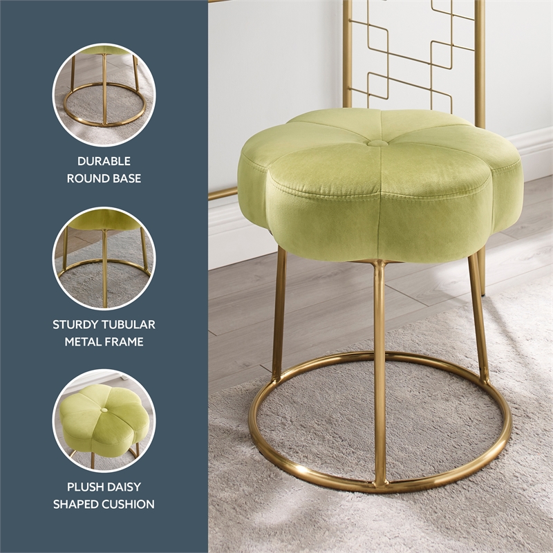 Linon Siena Gold Base Upholstered Flower Shape Vanity Stool in Green Velvet