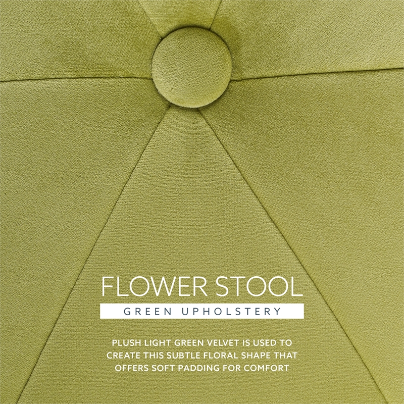 Linon Siena Gold Base Upholstered Flower Shape Vanity Stool in Green Velvet