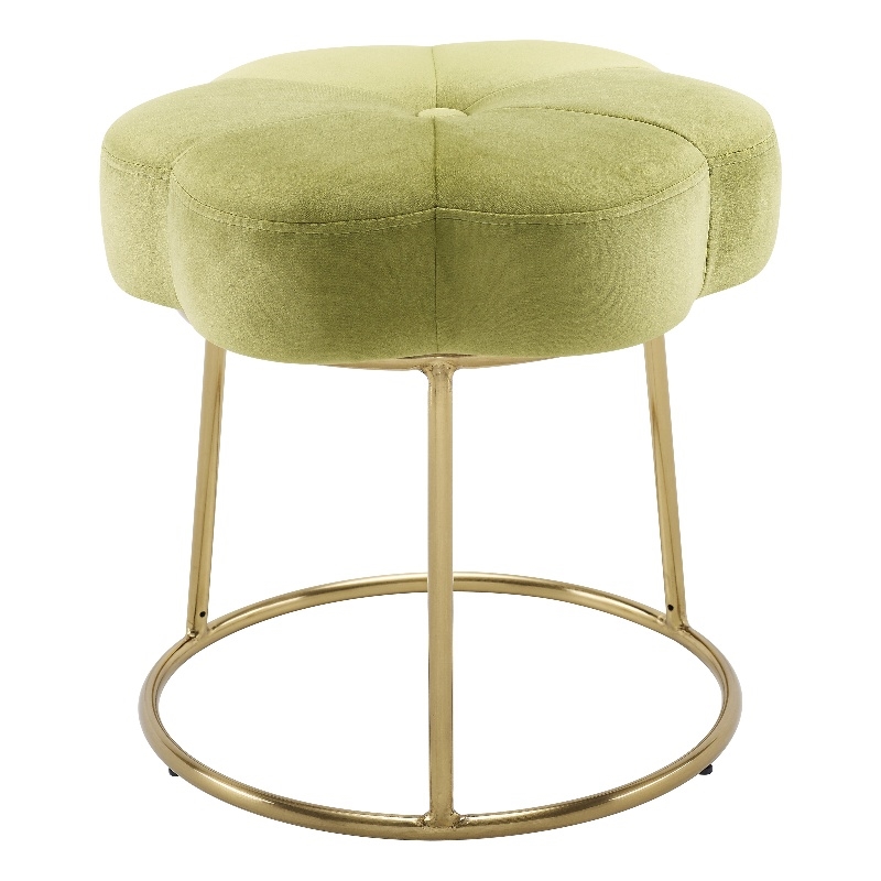 Linon Siena Gold Base Upholstered Flower Shape Vanity Stool in Green Velvet