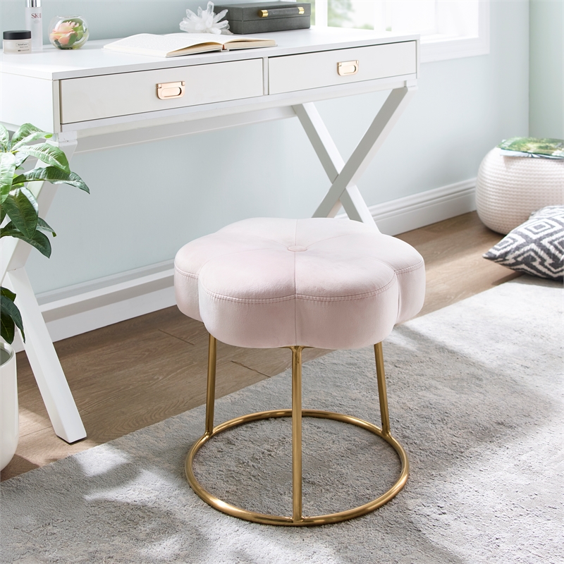 Linon Siena Gold Steel Base Upholstered Flower Shape Vanity Stool in Pink Velvet
