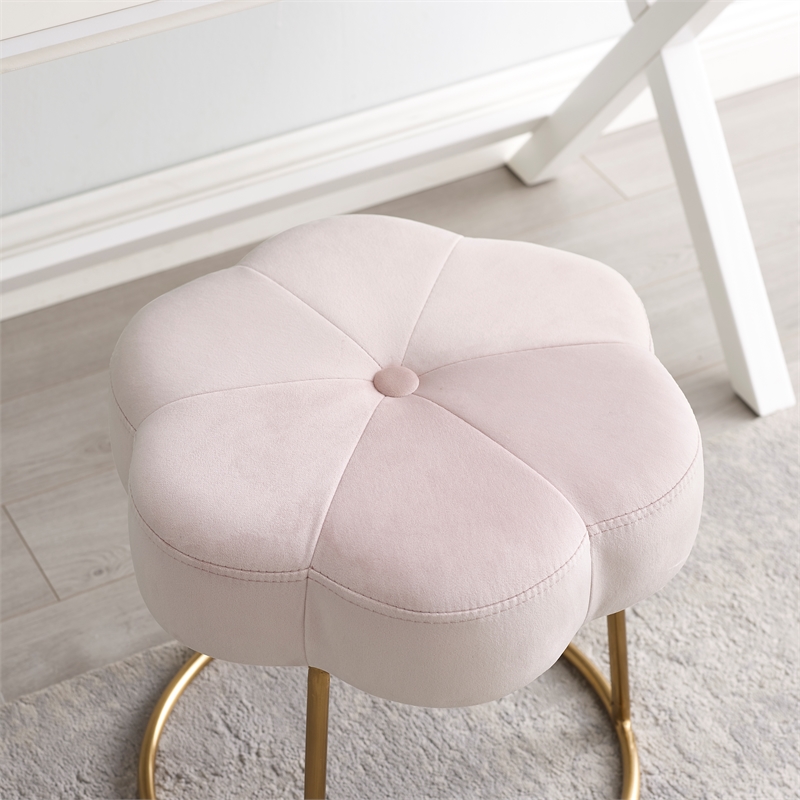 Linon Siena Gold Steel Base Upholstered Flower Shape Vanity Stool in Pink Velvet