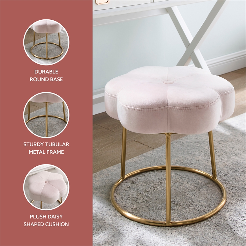 Linon Siena Gold Steel Base Upholstered Flower Shape Vanity Stool in Pink Velvet