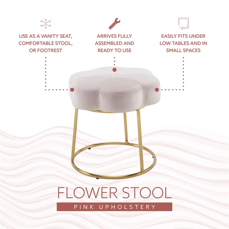 Linon Siena Gold Steel Base Upholstered Flower Shape Vanity Stool in Pink Velvet