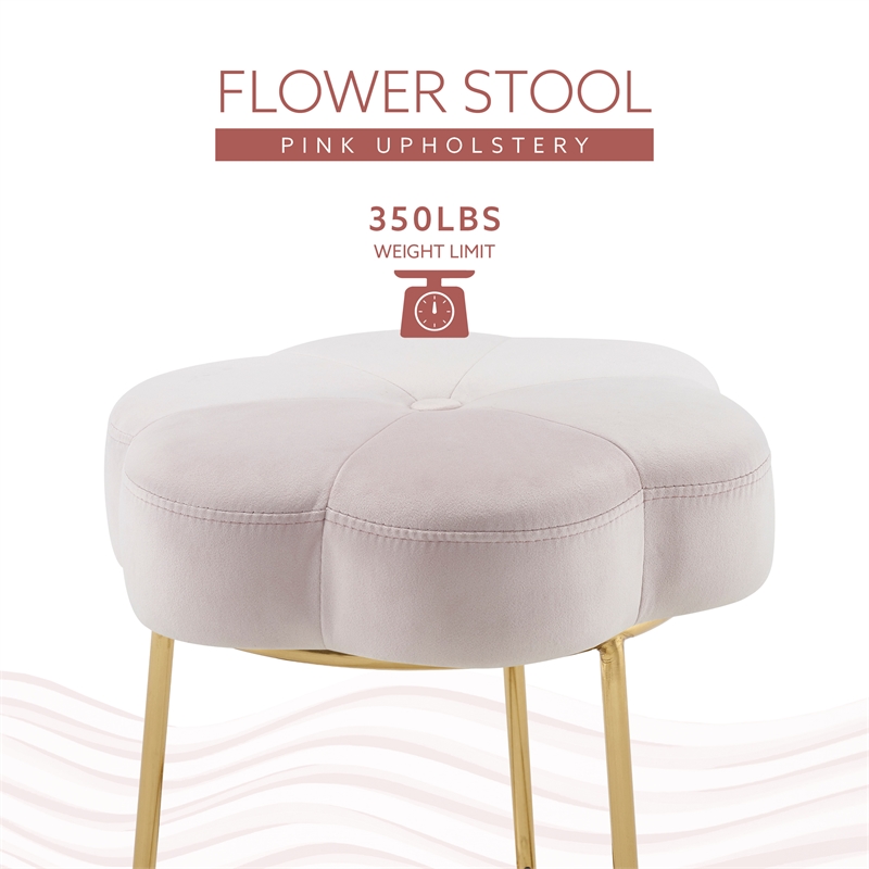 Linon Siena Gold Steel Base Upholstered Flower Shape Vanity Stool in Pink Velvet