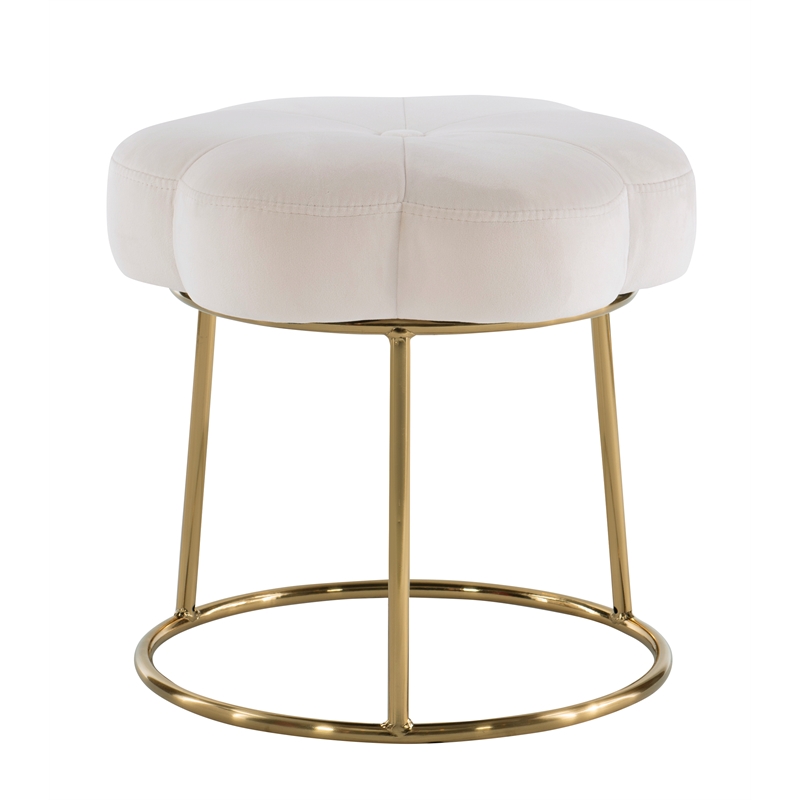 Linon Siena Gold Base Upholstered Flower Shaped Vanity Stool in White Velvet