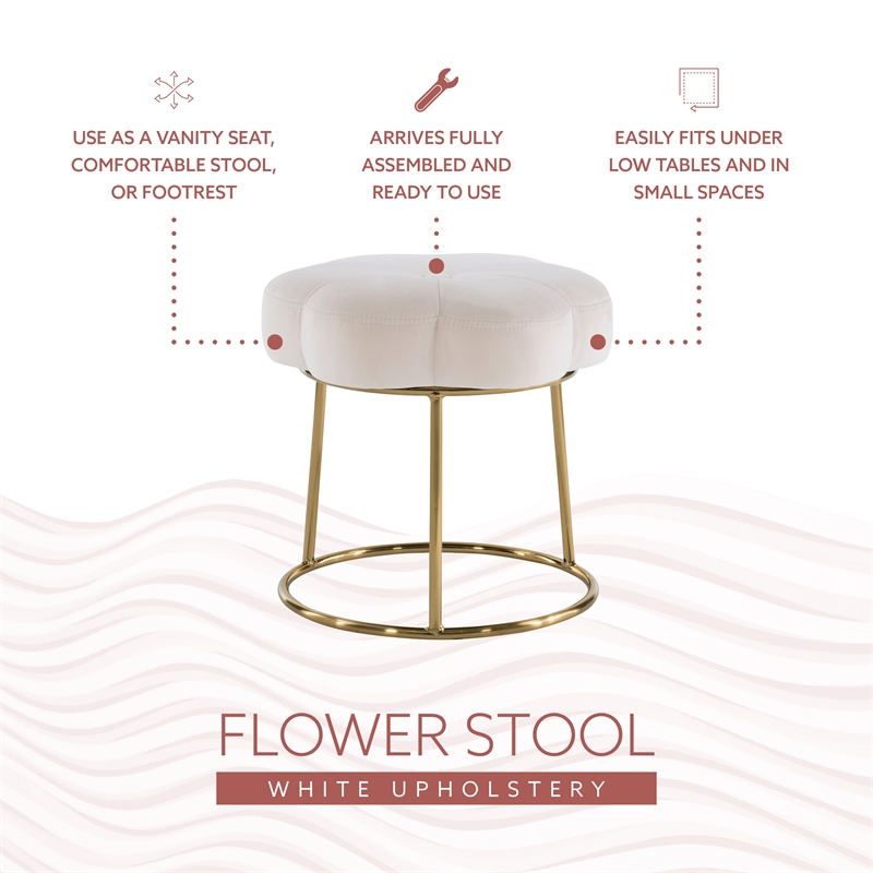Linon Siena Gold Base Upholstered Flower Shaped Vanity Stool in White Velvet