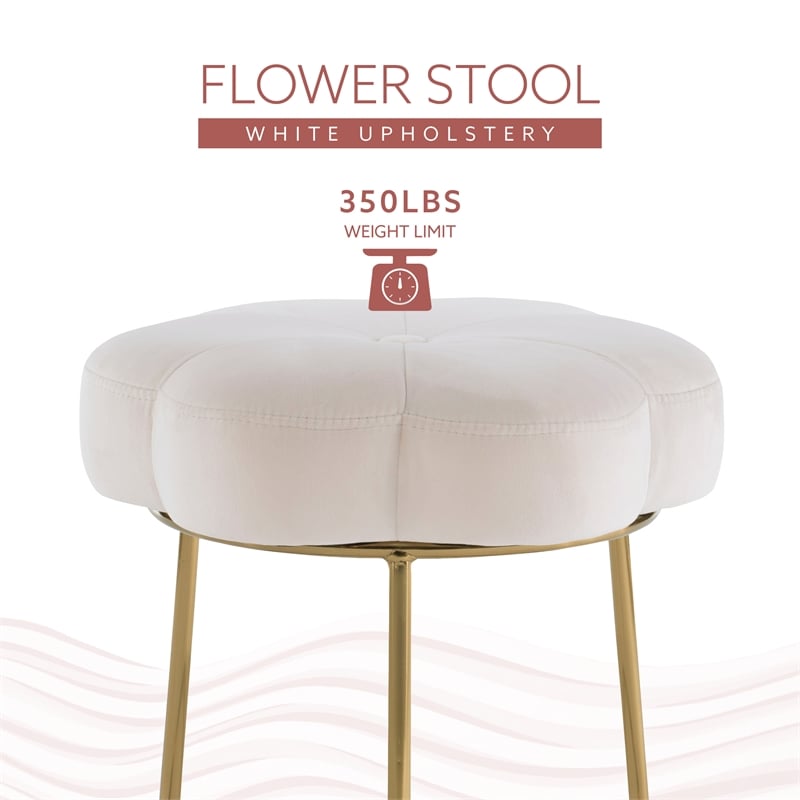 Linon Siena Gold Base Upholstered Flower Shaped Vanity Stool in White Velvet