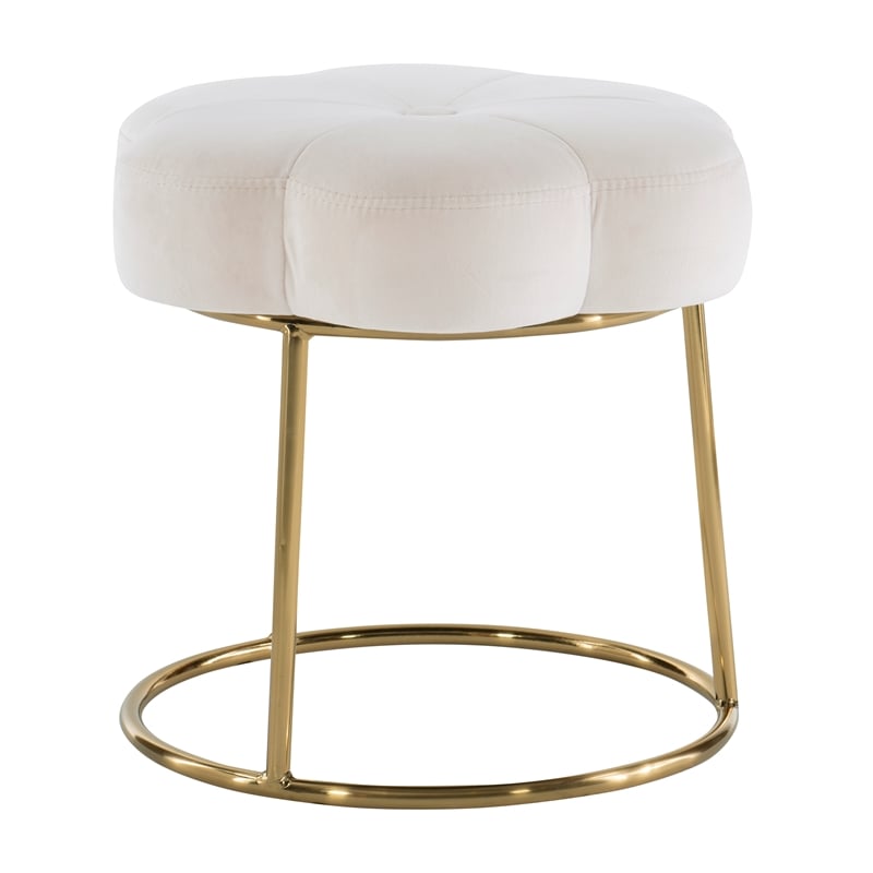 Linon Siena Gold Base Upholstered Flower Shaped Vanity Stool in White Velvet