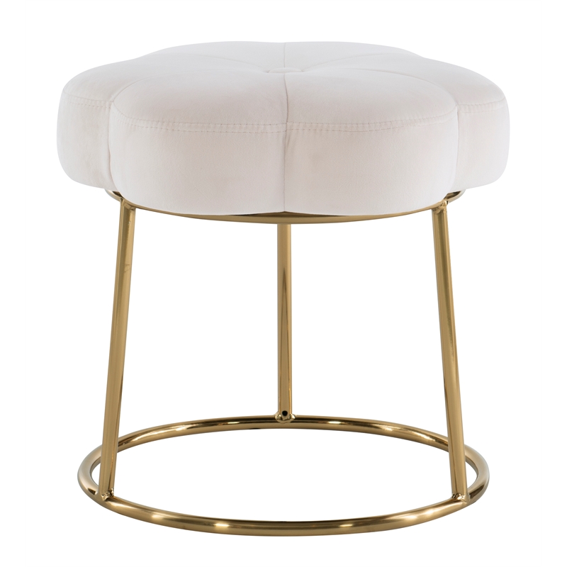 Linon Siena Gold Base Upholstered Flower Shaped Vanity Stool in White Velvet