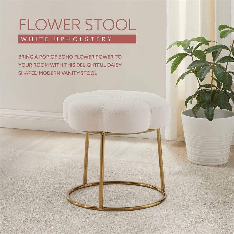 Linon Siena Gold Base Upholstered Flower Shaped Vanity Stool in